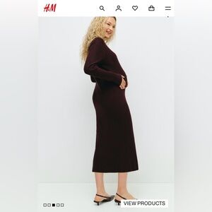 H&M Mama Rib-Knit Mock Turtleneck Deep Burgundy Long Sleeve Maternity Dress